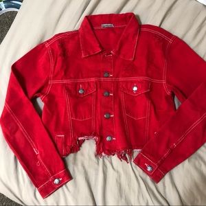 Red carmar denim distressed cropped jacket
